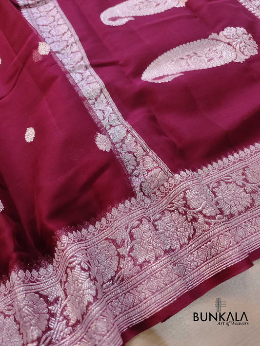 Burgundy Allover Silver Zari Buti Handloom Banarasi Pure Khaddi Chiffon Saree