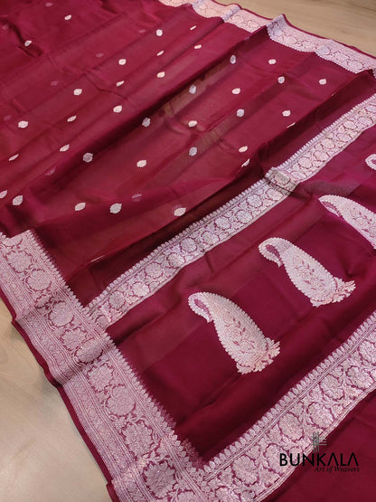 Burgundy Allover Silver Zari Buti Handloom Banarasi Pure Khaddi Chiffon Saree