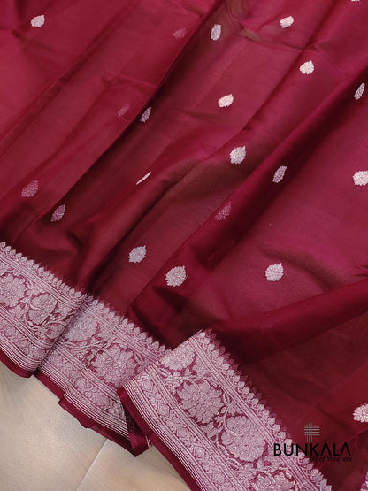 Burgundy Allover Silver Zari Buti Handloom Banarasi Pure Khaddi Chiffon Saree