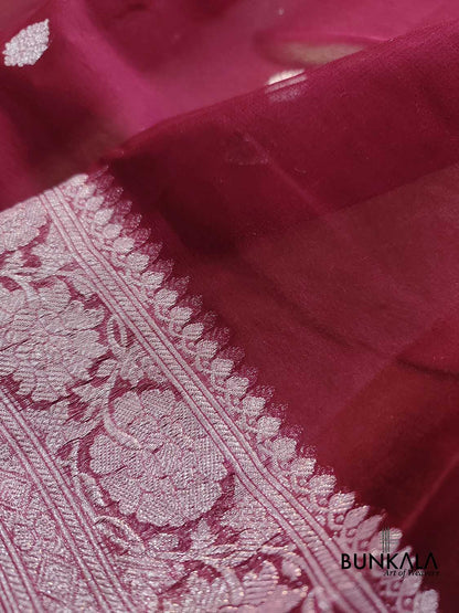 Burgundy Allover Silver Zari Buti Handloom Banarasi Pure Khaddi Chiffon Saree