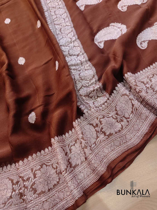Brown Allover Silver Zari Buti Handloom Banarasi Pure Khaddi Chiffon Saree