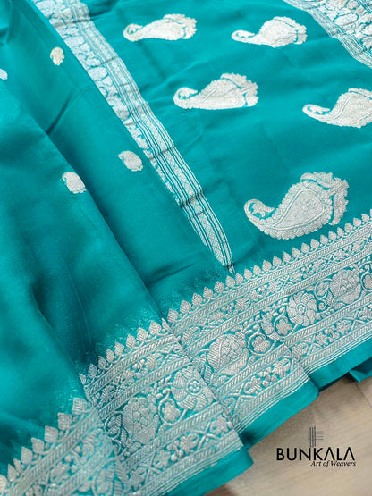 Peacock Blue Allover Silver Zari Buti Handloom Banarasi Pure Khaddi Chiffon Saree