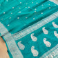 Peacock Blue Allover Silver Zari Buti Handloom Banarasi Pure Khaddi Chiffon Saree