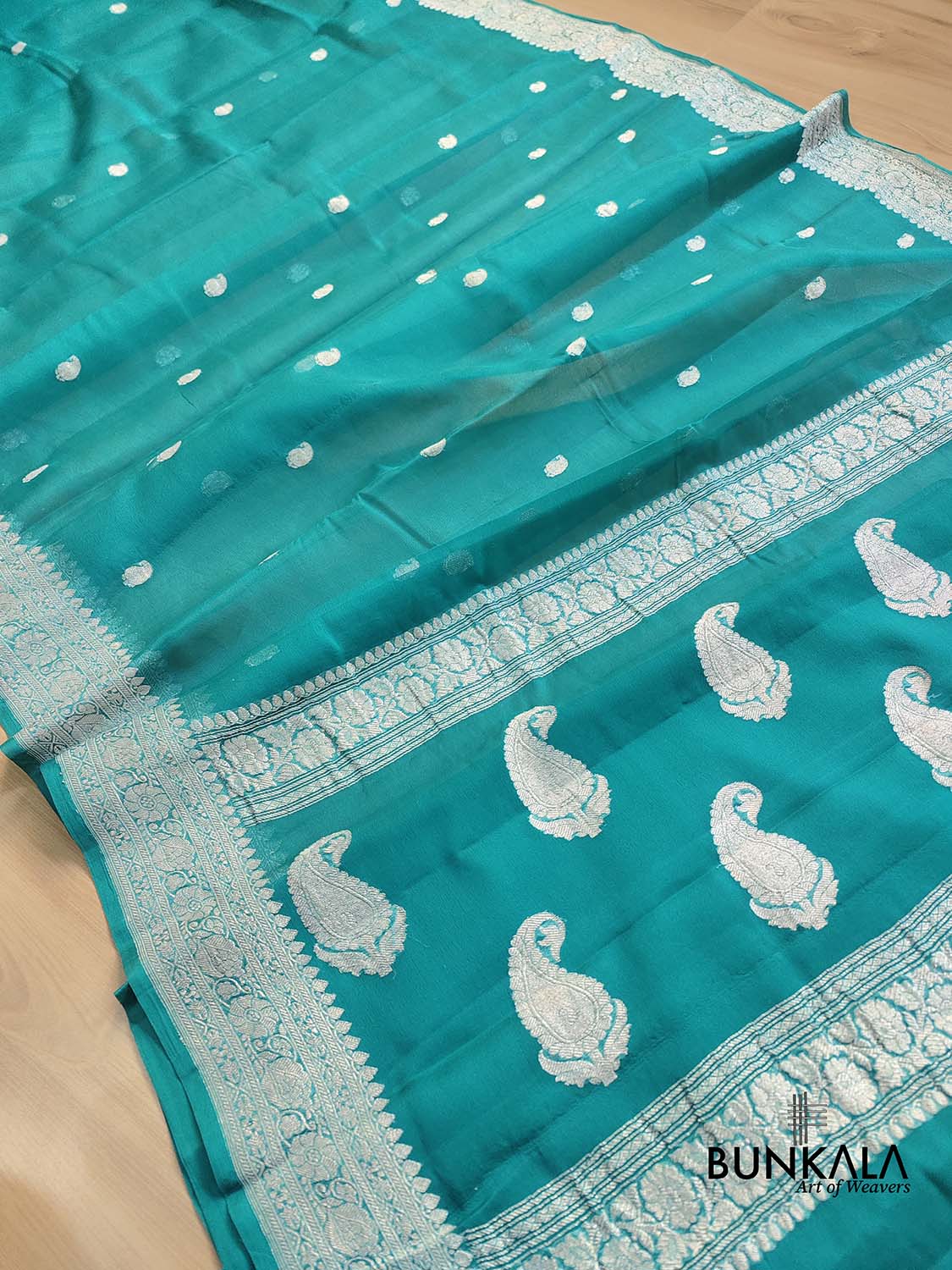 Peacock Blue Allover Silver Zari Buti Handloom Banarasi Pure Khaddi Chiffon Saree