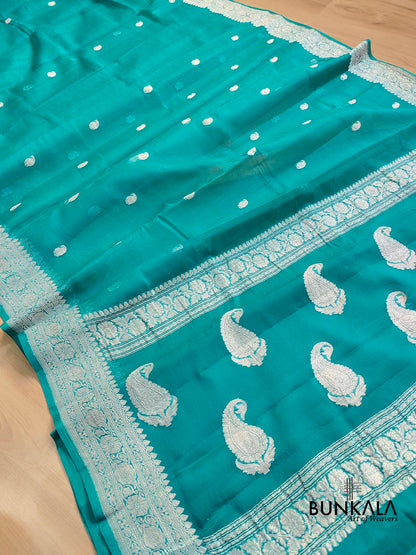 Peacock Blue Allover Silver Zari Buti Handloom Banarasi Pure Khaddi Chiffon Saree