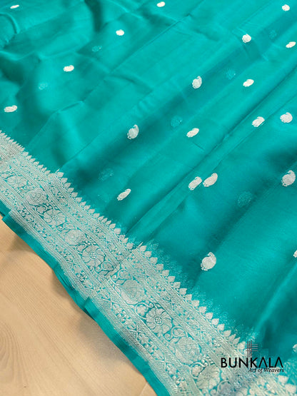 Peacock Blue Allover Silver Zari Buti Handloom Banarasi Pure Khaddi Chiffon Saree