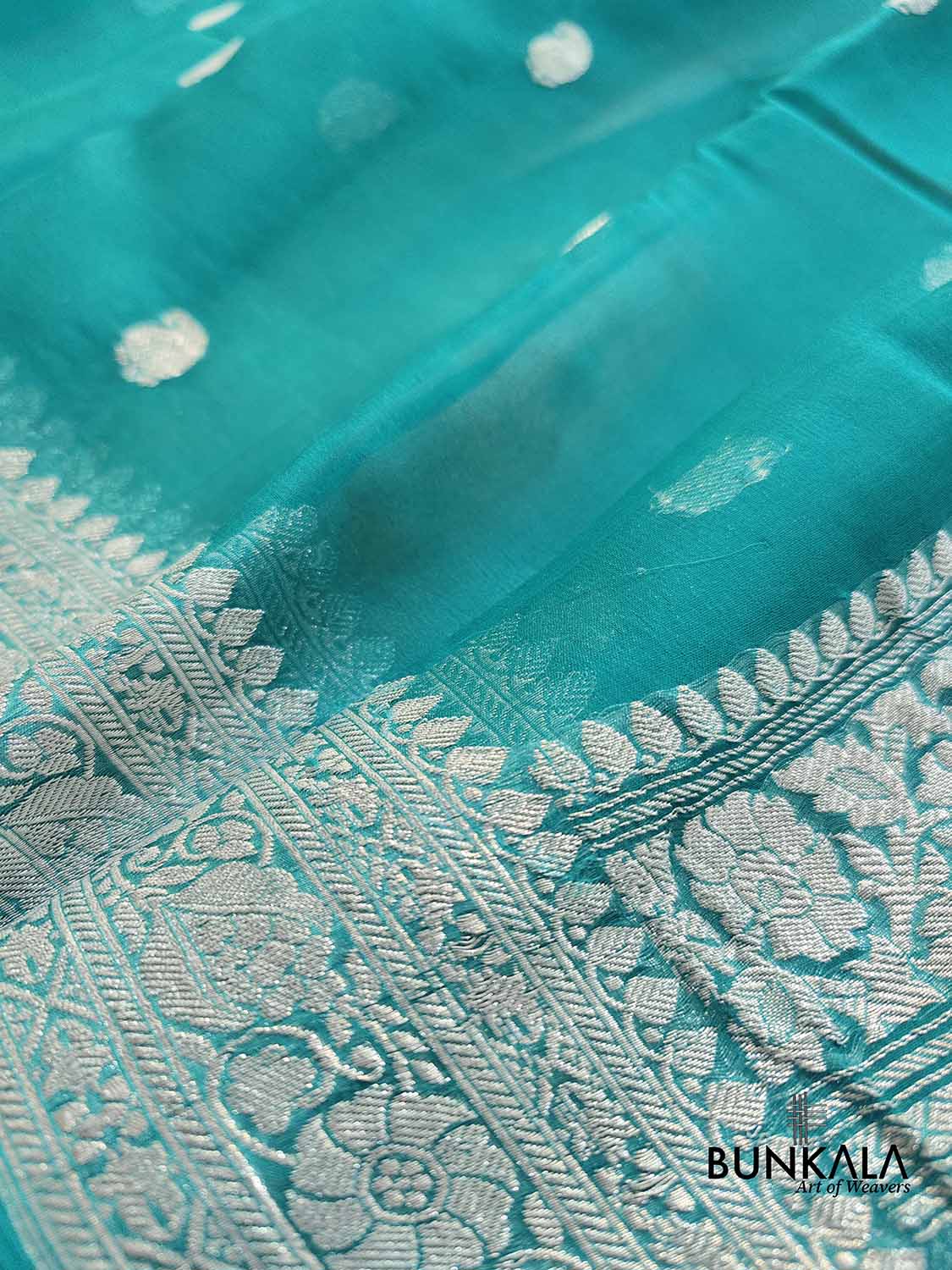 Peacock Blue Allover Silver Zari Buti Handloom Banarasi Pure Khaddi Chiffon Saree