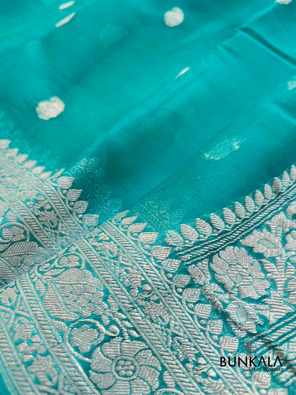Peacock Blue Allover Silver Zari Buti Handloom Banarasi Pure Khaddi Chiffon Saree