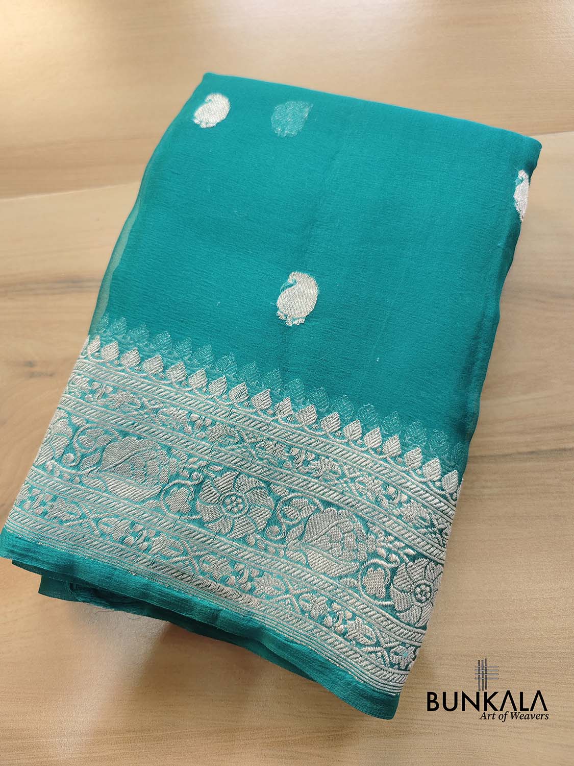 Peacock Blue Allover Silver Zari Buti Handloom Banarasi Pure Khaddi Chiffon Saree