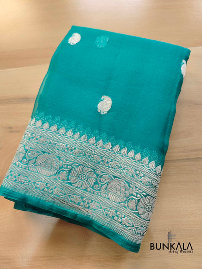 Peacock Blue Allover Silver Zari Buti Handloom Banarasi Pure Khaddi Chiffon Saree