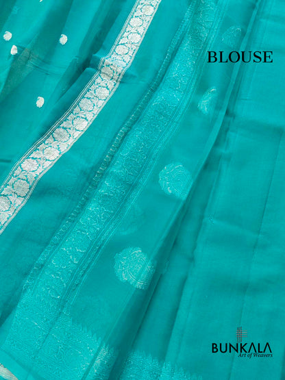 Peacock Blue Allover Silver Zari Buti Handloom Banarasi Pure Khaddi Chiffon Saree