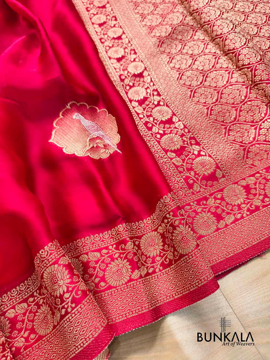 Reddish Pink Birds Jharokha Design Sona Rupa Banarasi Mashru Organza Silk Saree