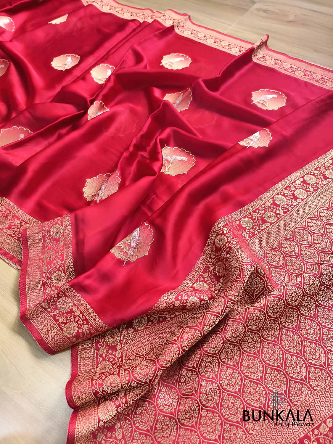 Reddish Pink Birds Jharokha Design Sona Rupa Banarasi Mashru Organza Silk Saree