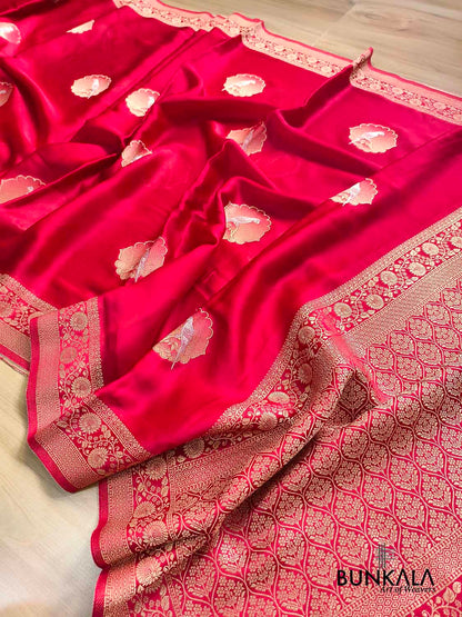 Reddish Pink Birds Jharokha Design Sona Rupa Banarasi Mashru Organza Silk Saree