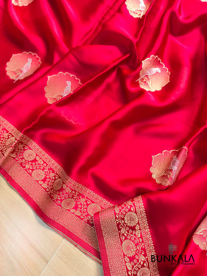 Reddish Pink Birds Jharokha Design Sona Rupa Banarasi Mashru Organza Silk Saree