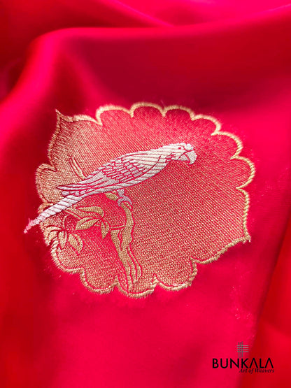 Reddish Pink Birds Jharokha Design Sona Rupa Banarasi Mashru Organza Silk Saree
