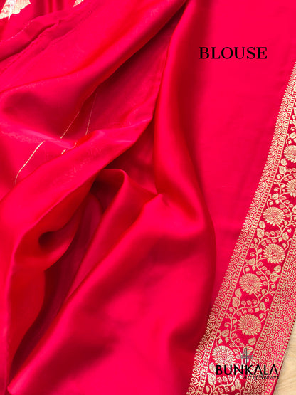 Reddish Pink Birds Jharokha Design Sona Rupa Banarasi Mashru Organza Silk Saree