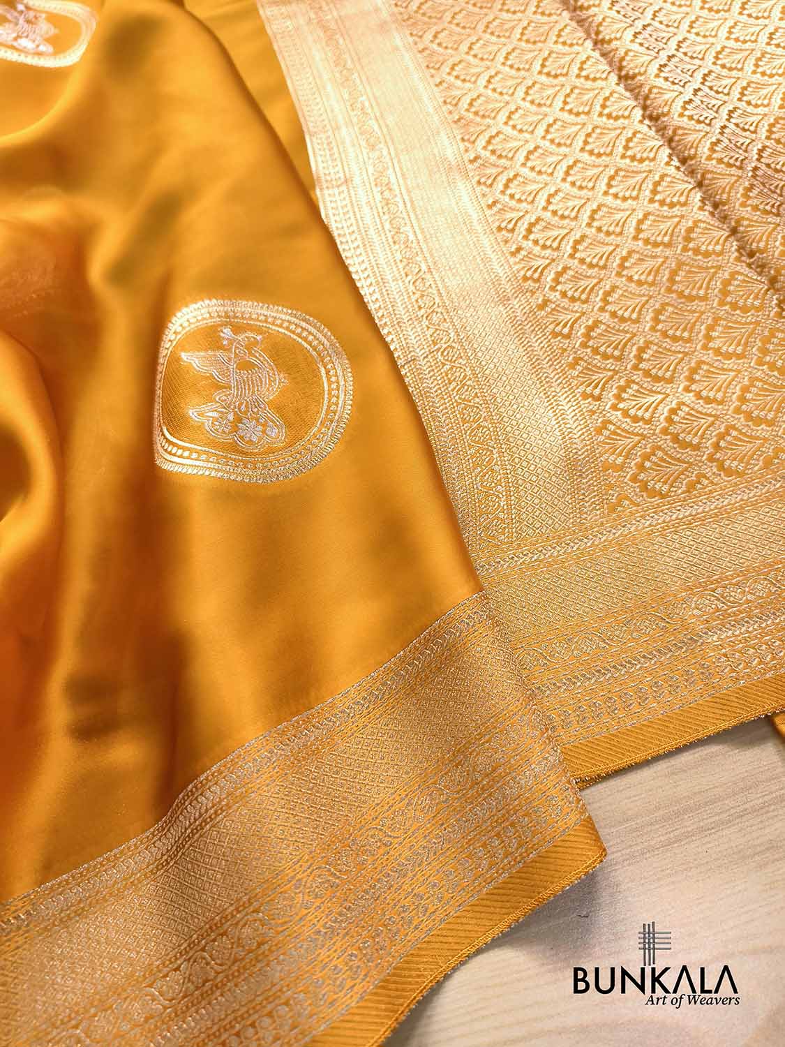 Mustard Yellow Birds Jharokha Design Sona Rupa Banarasi Mashru Organza Silk Saree