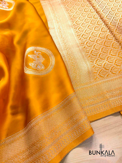 Mustard Yellow Birds Jharokha Design Sona Rupa Banarasi Mashru Organza Silk Saree