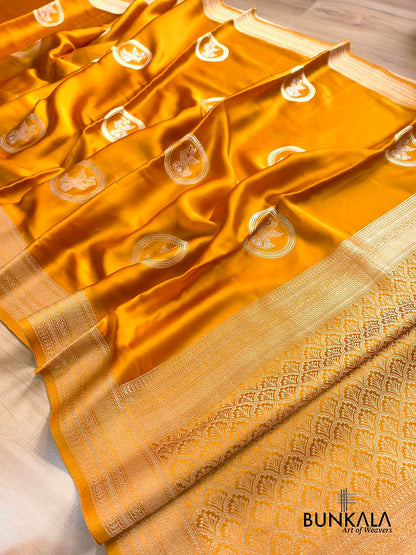 Mustard Yellow Birds Jharokha Design Sona Rupa Banarasi Mashru Organza Silk Saree