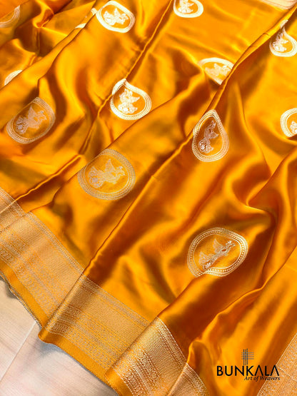 Mustard Yellow Birds Jharokha Design Sona Rupa Banarasi Mashru Organza Silk Saree