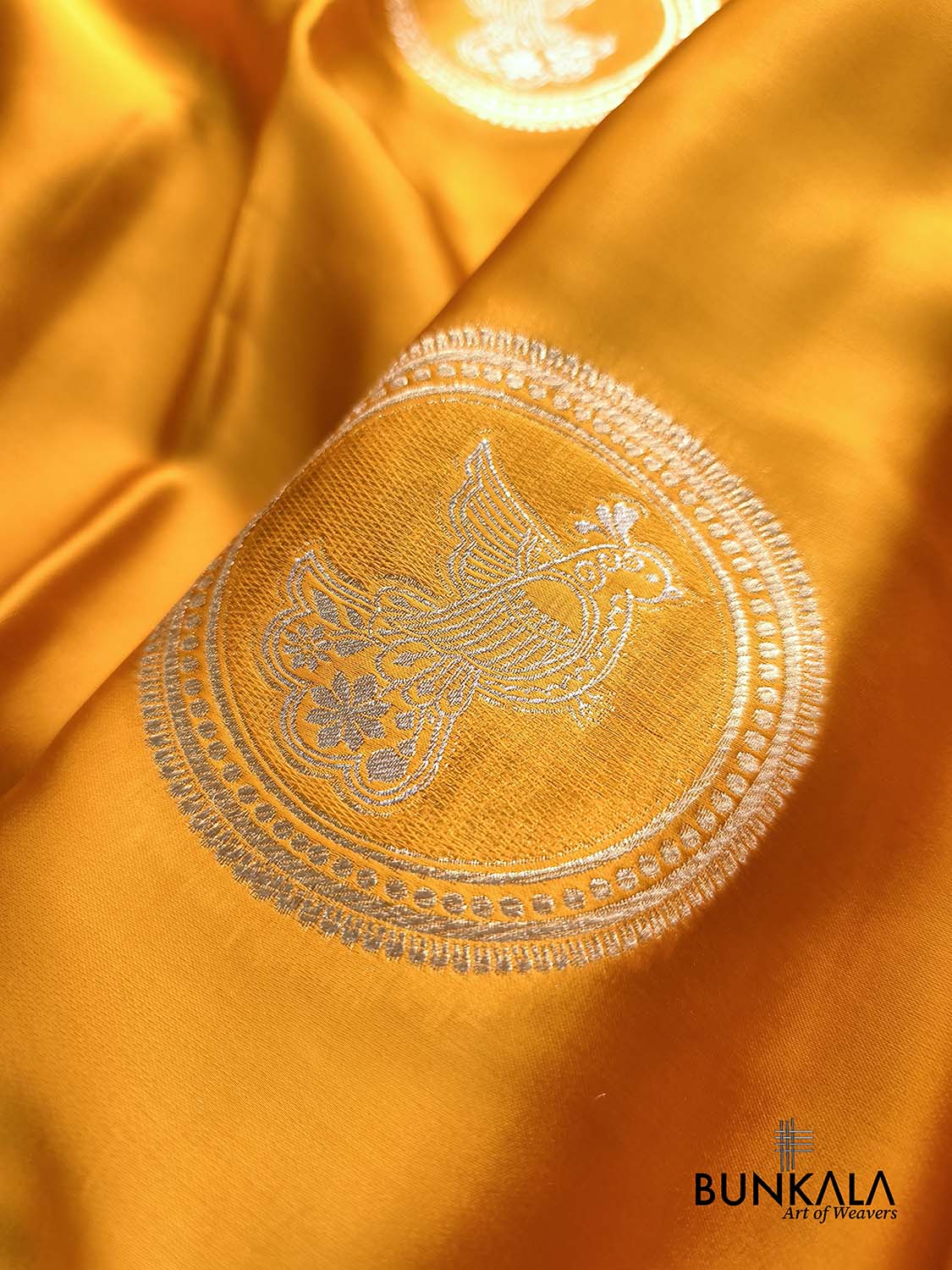 Mustard Yellow Birds Jharokha Design Sona Rupa Banarasi Mashru Organza Silk Saree