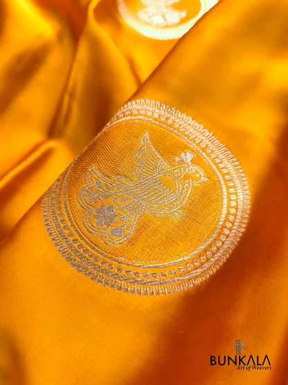 Mustard Yellow Birds Jharokha Design Sona Rupa Banarasi Mashru Organza Silk Saree
