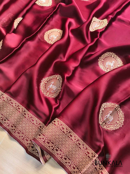 Maroon Horse Jharokha Design Sona Rupa Banarasi Mashru Organza Silk Saree