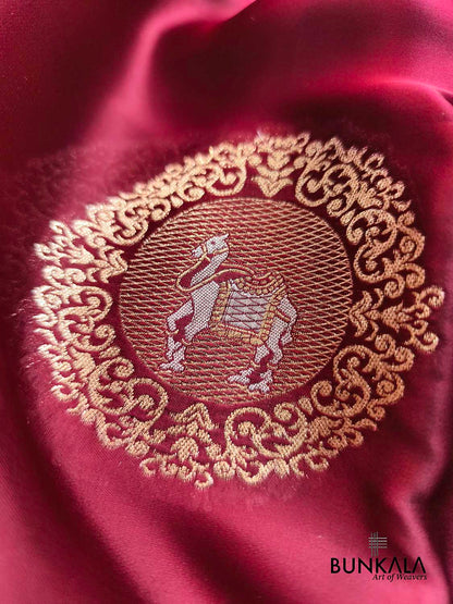 Maroon Horse Jharokha Design Sona Rupa Banarasi Mashru Organza Silk Saree