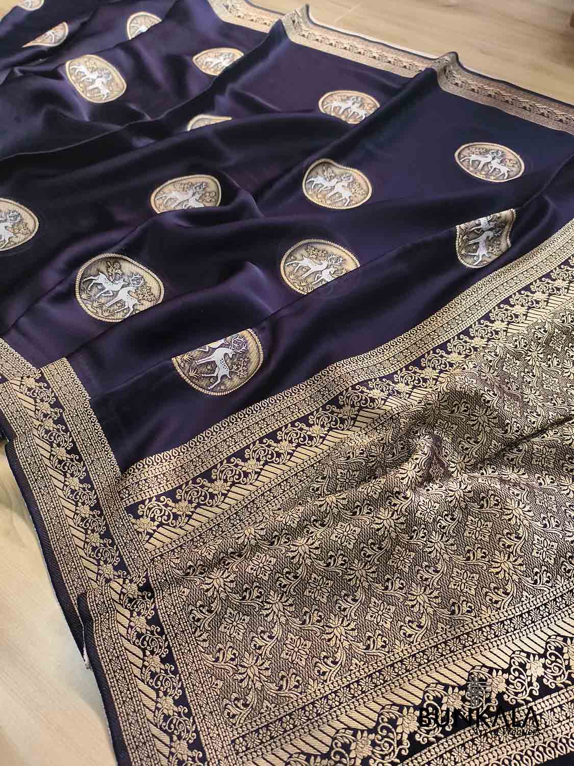 Blackish Blue Deer Jharokha Design Sona Rupa Banarasi Mashru Organza Silk Saree