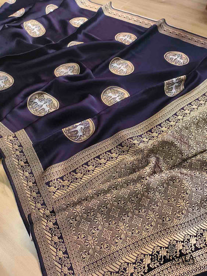 Blackish Blue Deer Jharokha Design Sona Rupa Banarasi Mashru Organza Silk Saree