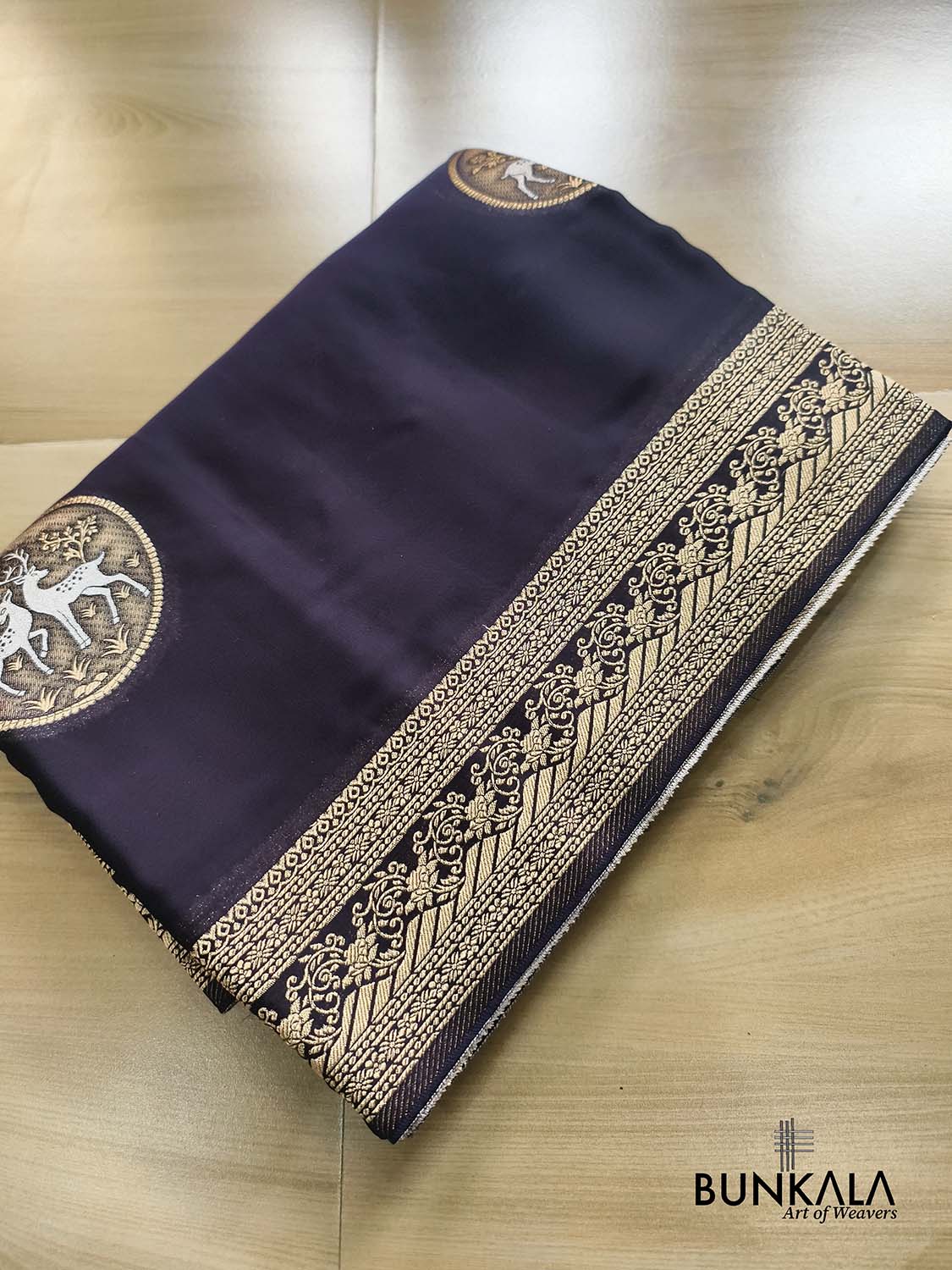 Blackish Blue Deer Jharokha Design Sona Rupa Banarasi Mashru Organza Silk Saree