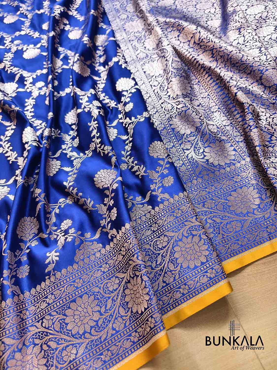 Royal Blue Sona Zari Floral Jaal Weaved Banarasi Mashru Silk Saree