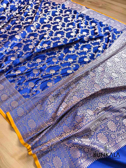 Royal Blue Sona Zari Floral Jaal Weaved Banarasi Mashru Silk Saree