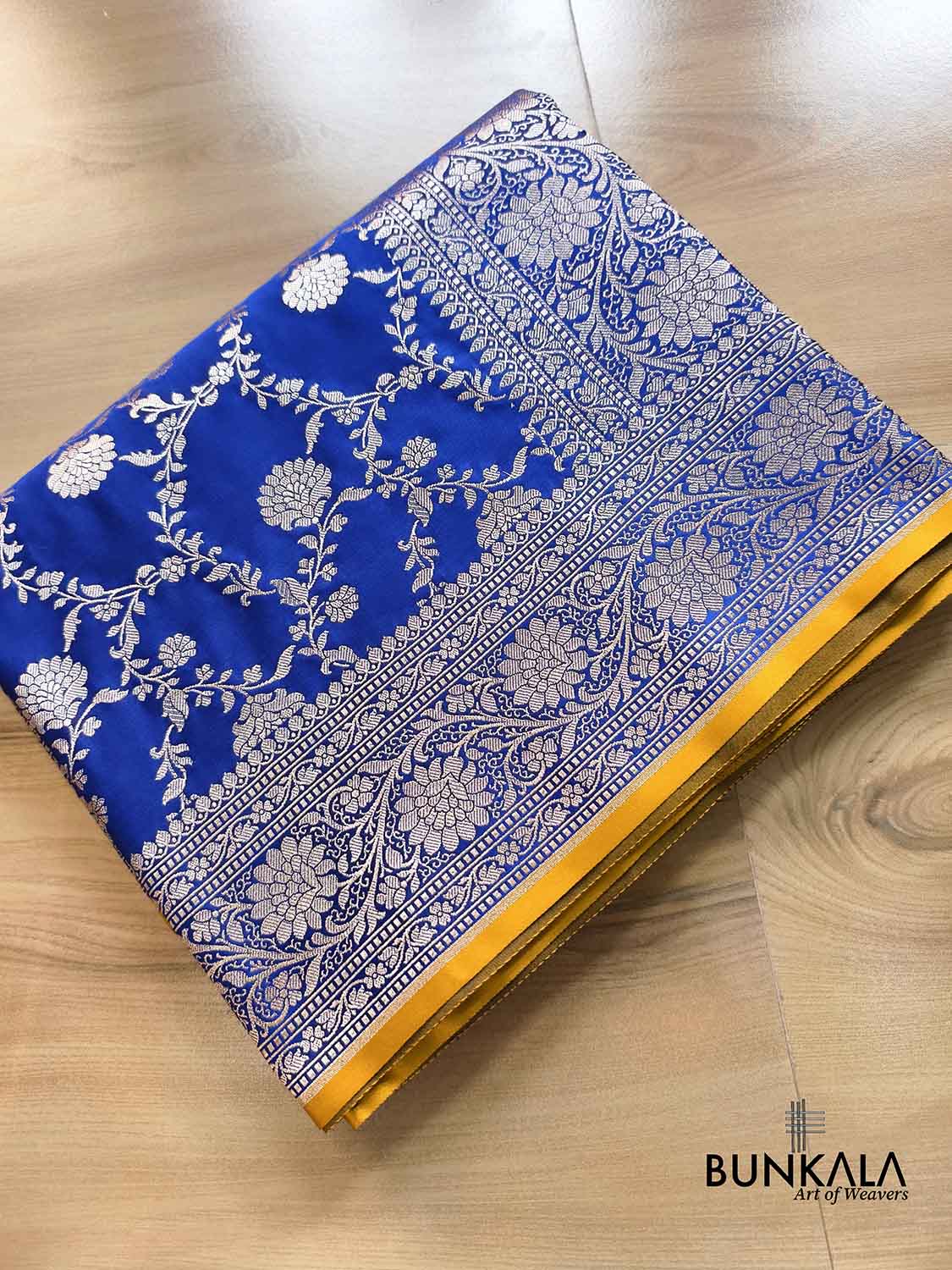 Royal Blue Sona Zari Floral Jaal Weaved Banarasi Mashru Silk Saree