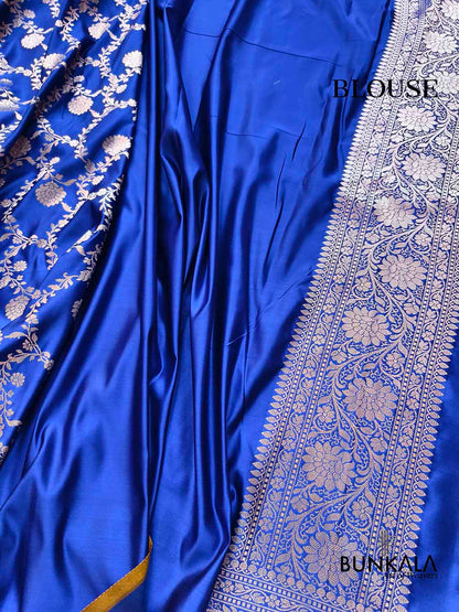 Royal Blue Sona Zari Floral Jaal Weaved Banarasi Mashru Silk Saree