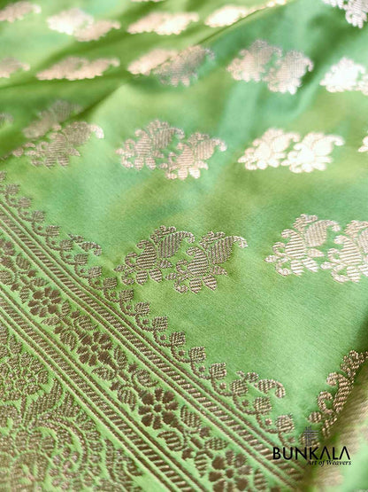 Pastel Green Traditional Buti Weaved Banarasi Mashru Silk Saree