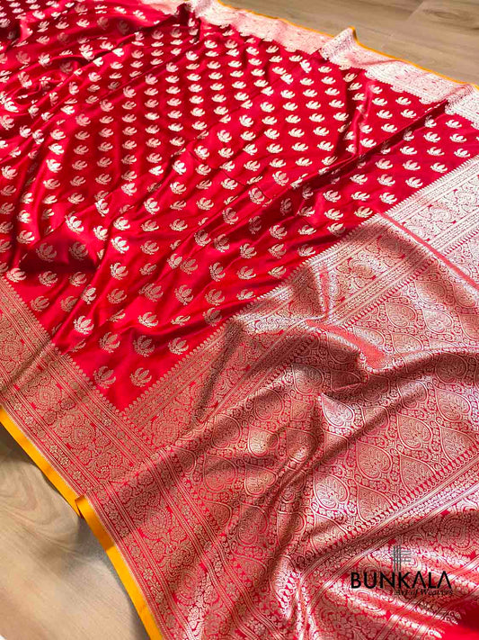 Bridal Red Naaz Buti Weaved Banarasi Mashru Silk Saree