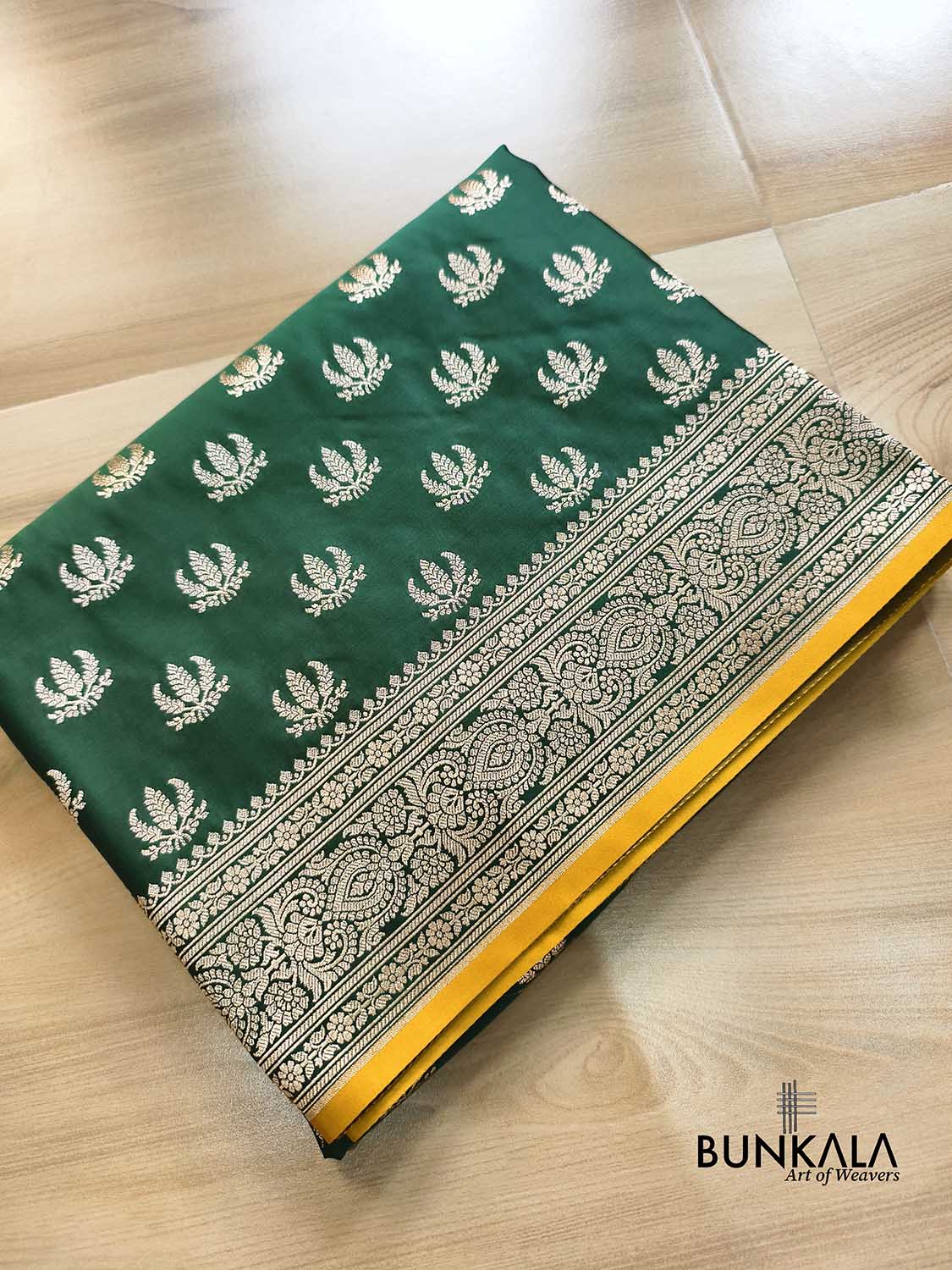 Bottle Green Naaz Buti Weaved Banarasi Mashru Silk Saree