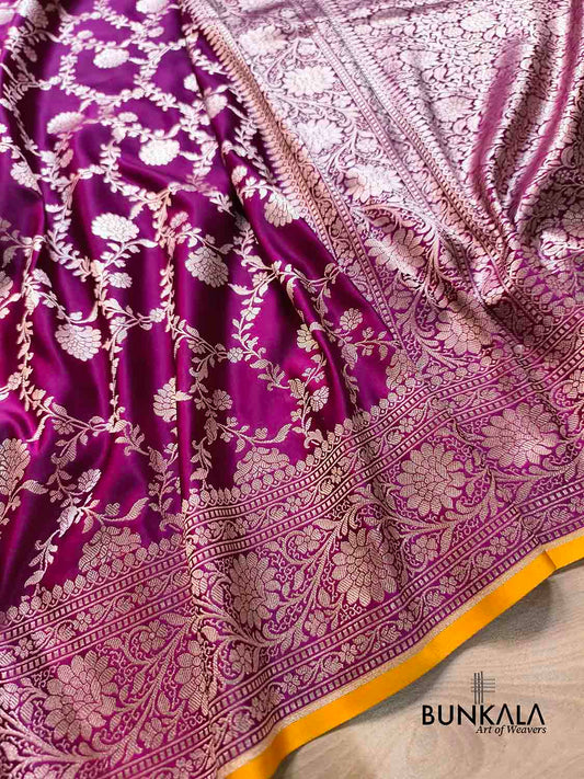 Wine Sona Zari Floral Jaal Weaved Banarasi Mashru Silk Saree