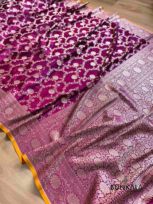 Wine Sona Zari Floral Jaal Weaved Banarasi Mashru Silk Saree