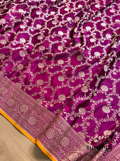 Wine Sona Zari Floral Jaal Weaved Banarasi Mashru Silk Saree