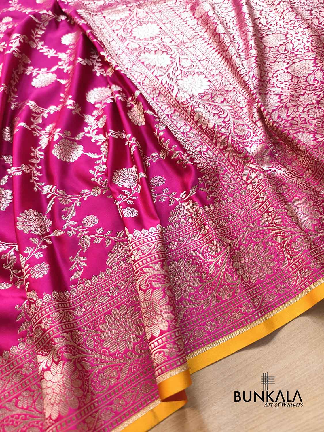 Hot Pink Sona Zari Floral Jaal Weaved Banarasi Mashru Silk Saree