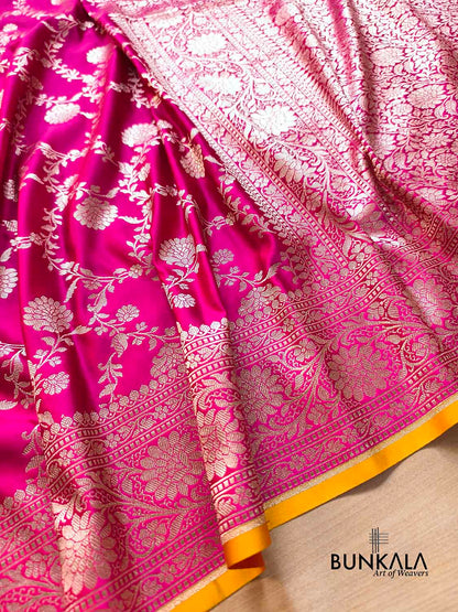 Hot Pink Sona Zari Floral Jaal Weaved Banarasi Mashru Silk Saree
