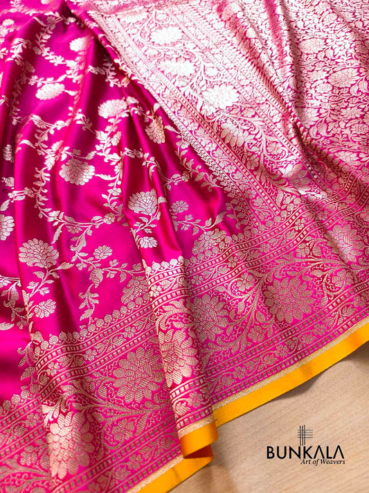Hot Pink Sona Zari Floral Jaal Weaved Banarasi Mashru Silk Saree