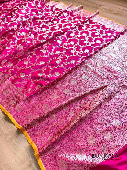 Hot Pink Sona Zari Floral Jaal Weaved Banarasi Mashru Silk Saree