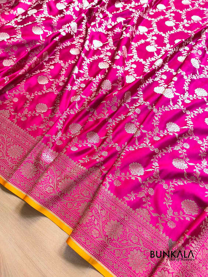 Hot Pink Sona Zari Floral Jaal Weaved Banarasi Mashru Silk Saree
