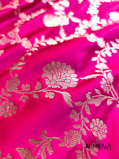 Hot Pink Sona Zari Floral Jaal Weaved Banarasi Mashru Silk Saree