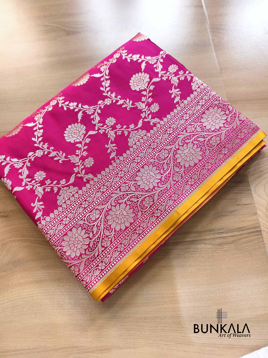 Hot Pink Sona Zari Floral Jaal Weaved Banarasi Mashru Silk Saree