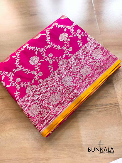 Hot Pink Sona Zari Floral Jaal Weaved Banarasi Mashru Silk Saree